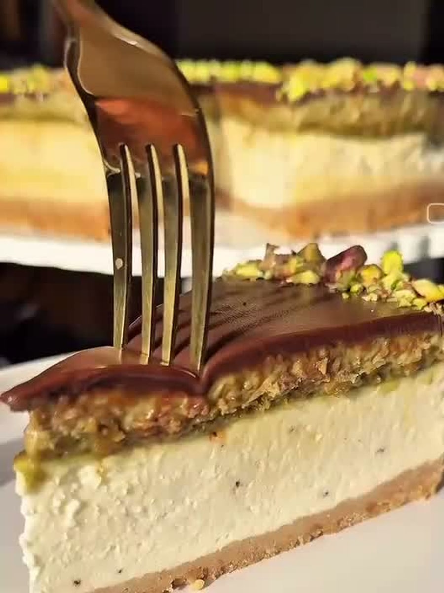 Pistachio cheesecake with a chocolate top