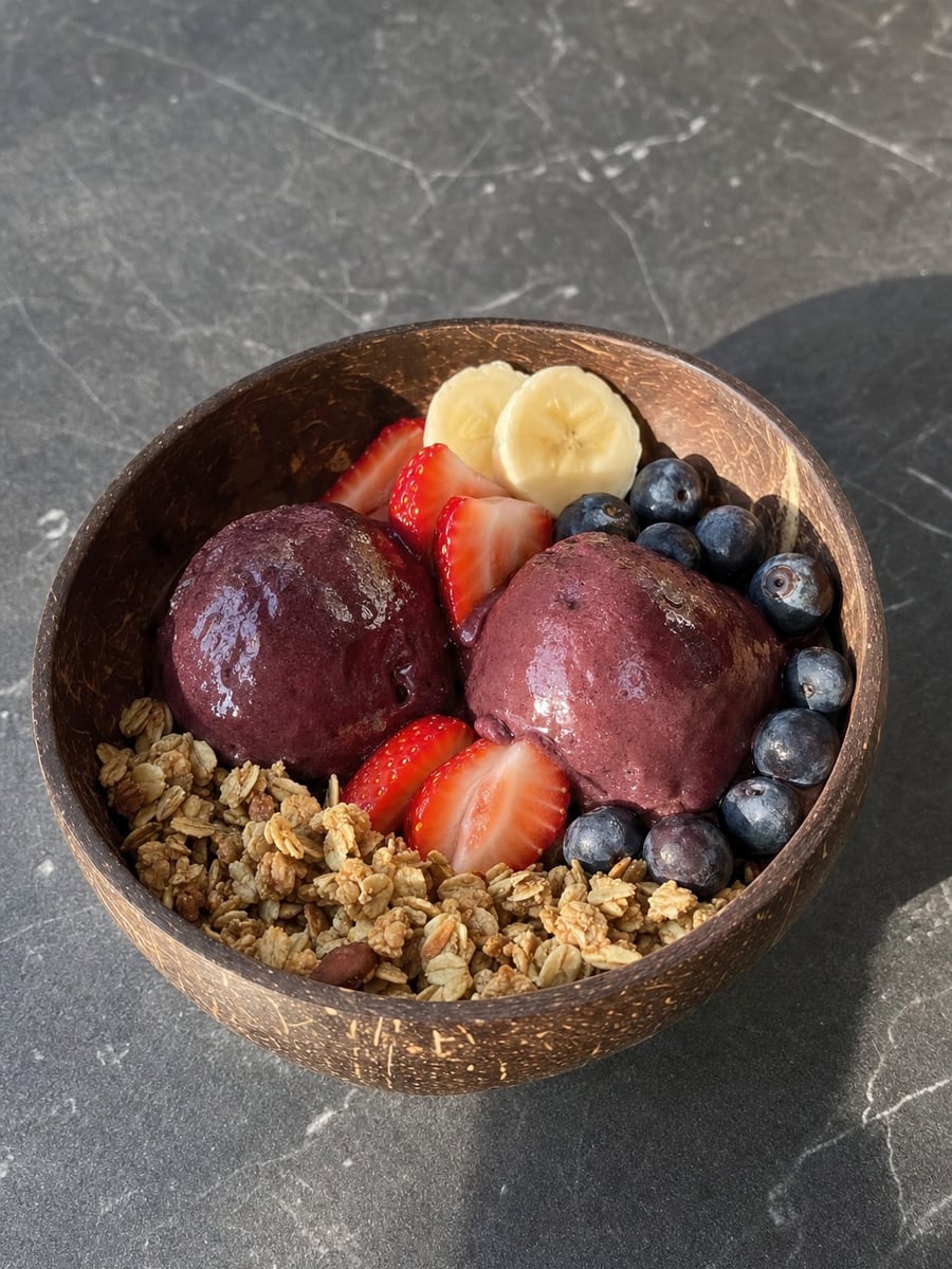 No-Blender Acai Sorbet Bowl, a recipe from The 10-Min Cookbook