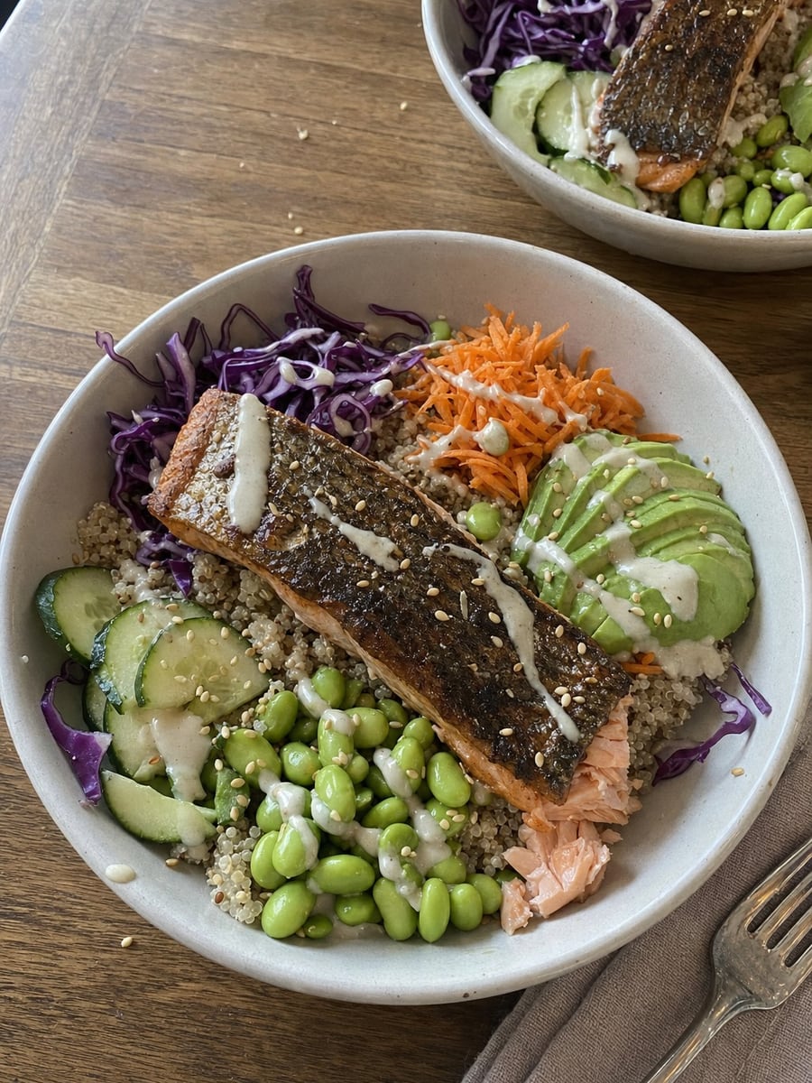 Seared Salmon Rainbow Quinoa Bowl, a recipe from The 10-Min Cookbook