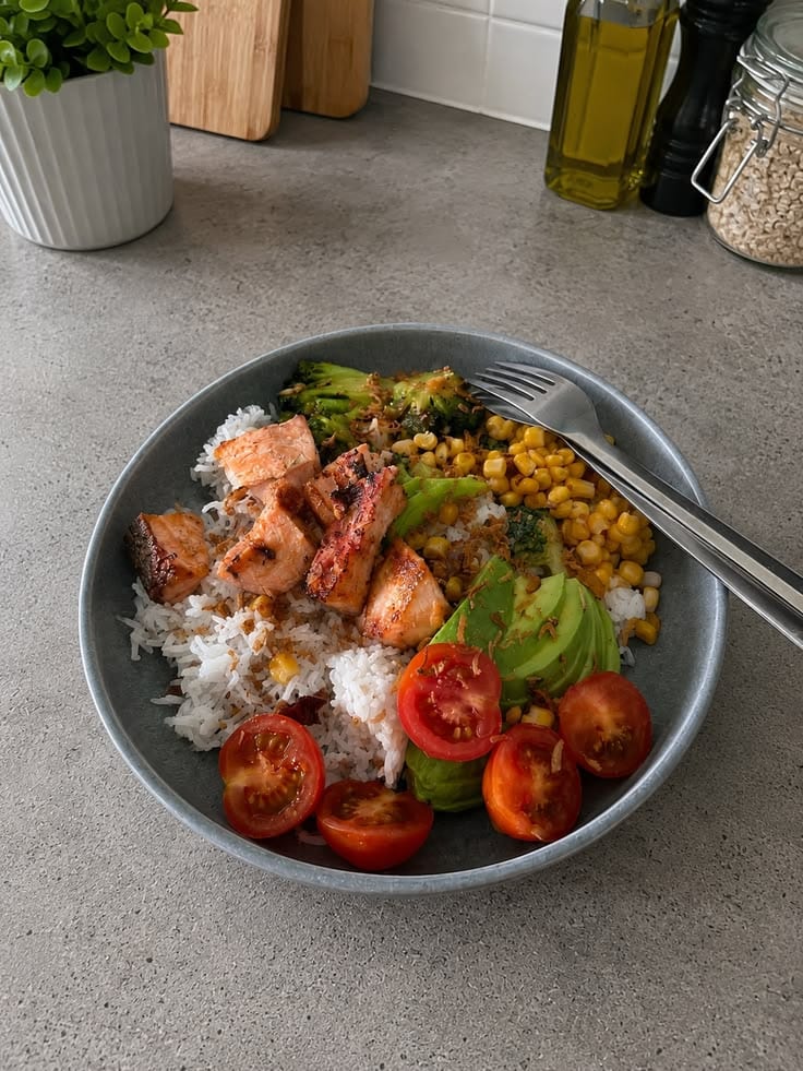 Miso Glazed Salmon Rice Bowl, a recipe from The 10-Min Cookbook